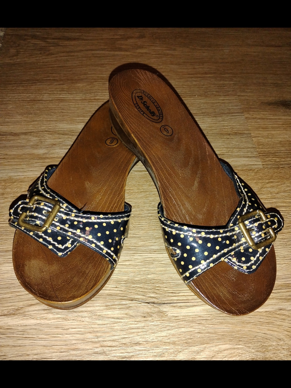 Dr. Scholl's Navy Slide Sandals with Cream Polka Dots and Buckles Sz 6